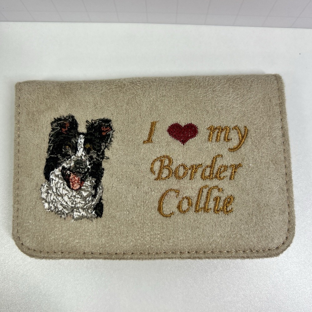Border Collie Suede Wallet Embroidered I Love My Dog Beige‎ Bifold Puppy Heart
